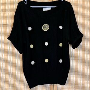 Simon Chang Womens L Sweater Black Gold Decor Texture Luxury‎ Office Grannycore